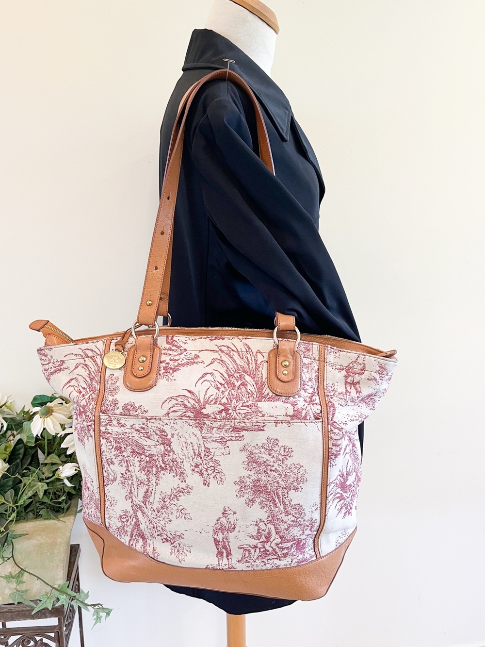 Brahmin French Toile de Jouy Print Canvas and Leather Tote